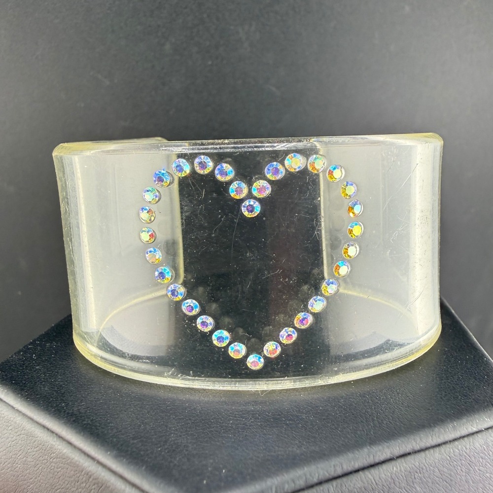 Vintage Acrylic Heart Cuff Bracelet Clear Rhinestone Wide 7in